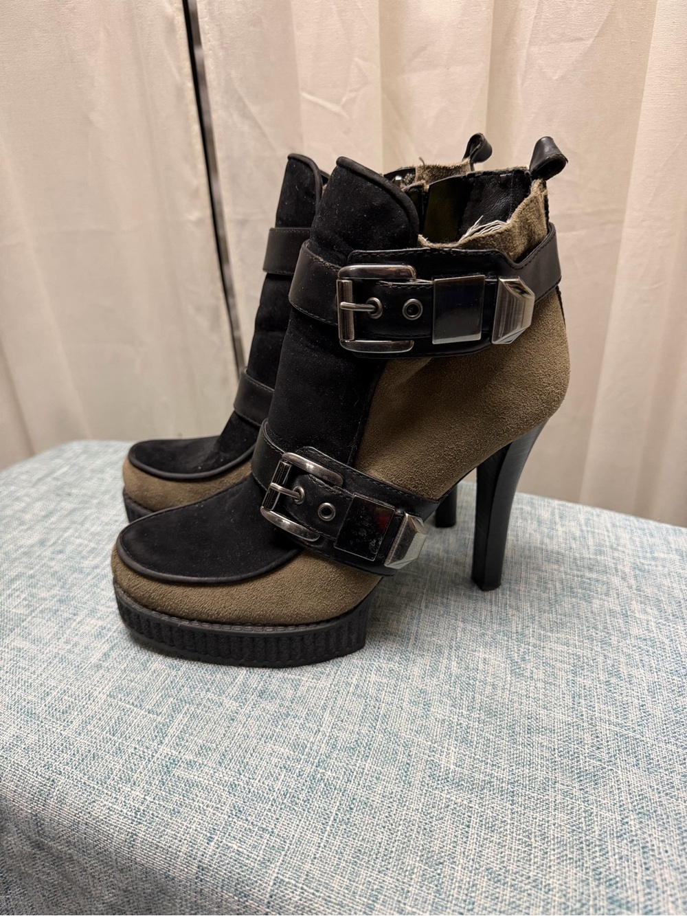 BCBGeneration Black and Olive Suede Buckle Platform Ankle Boots